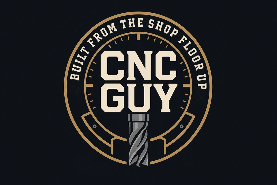 CNC GUY heritage badge with an end mill and the slogan Built from the shop floor up