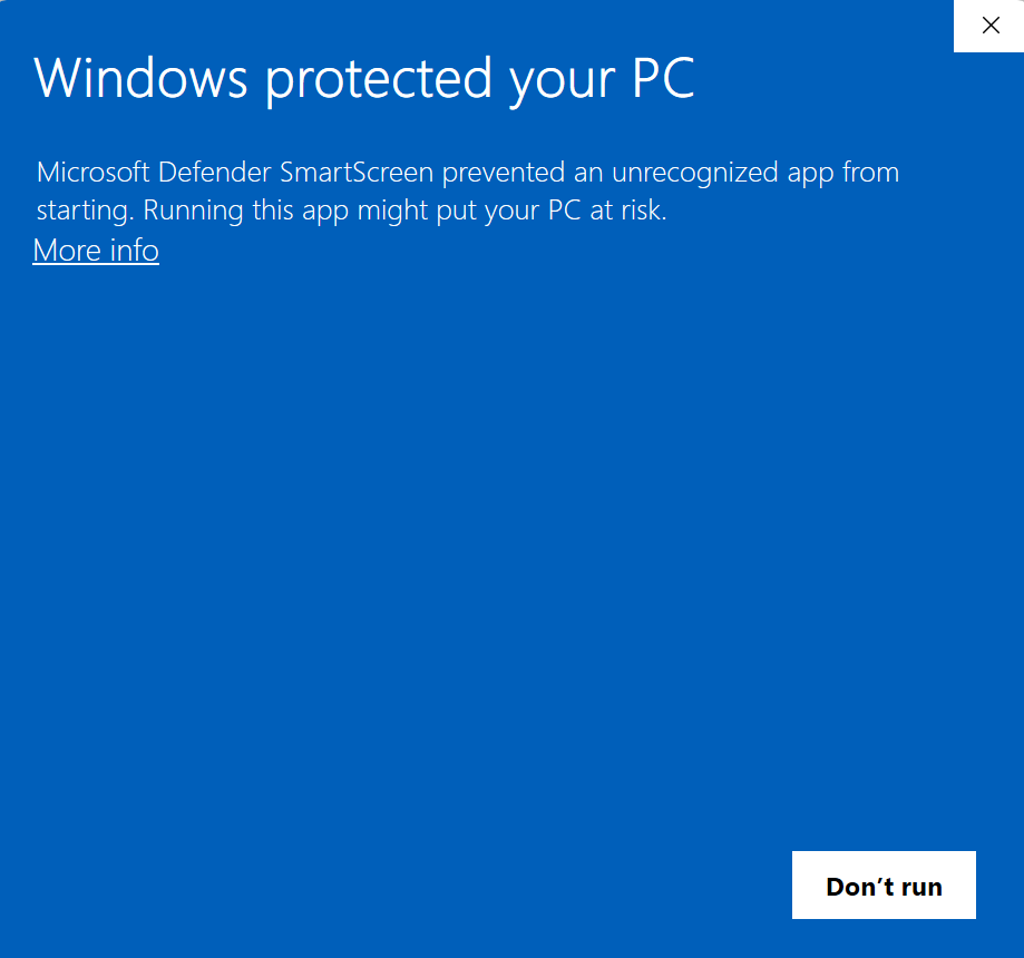 Windows SmartScreen dialog reading 'Windows protected your PC', with a More info link