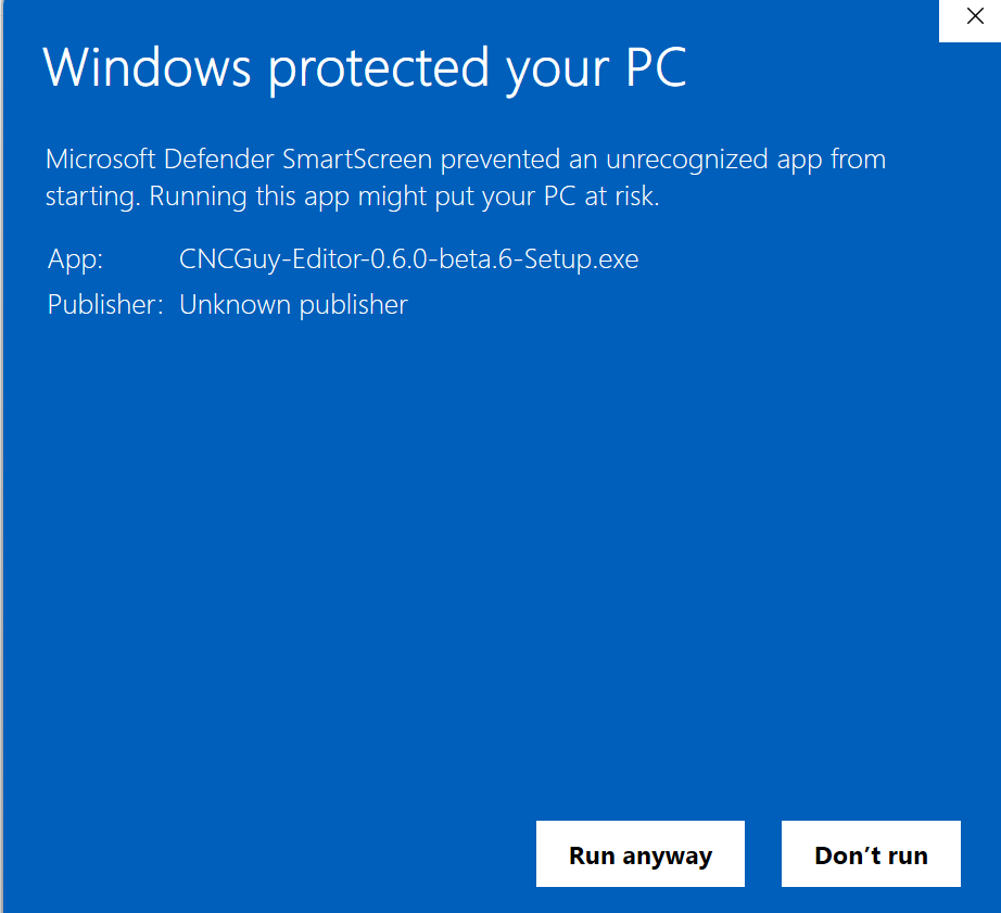 The expanded SmartScreen dialog showing the app name CNCGuy-Editor-0.6.0-beta.6-Setup.exe and a Run anyway button